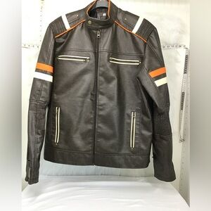 Men's Black Leather Jacket with Orange Accents